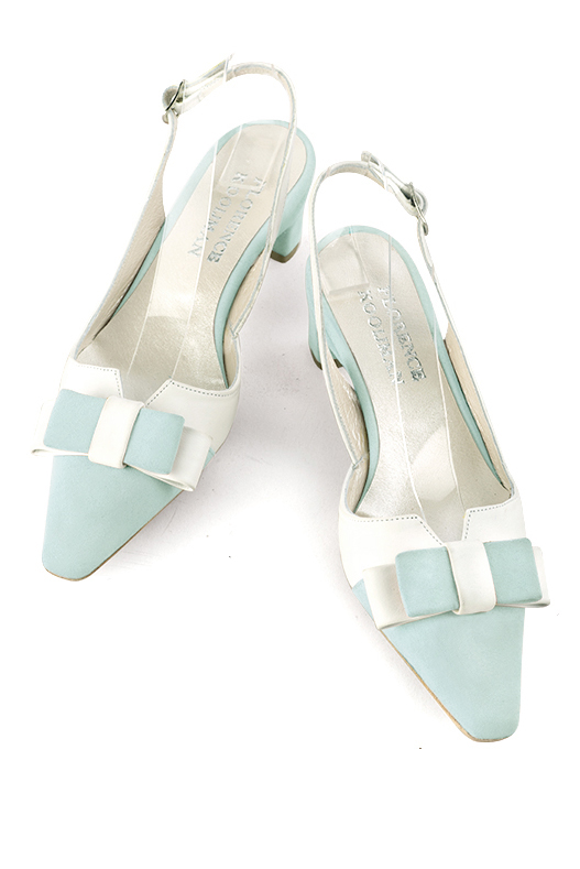 Aquamarine blue and off white women's open back shoes, with a knot. Tapered toe. Low kitten heels. Top view - Florence KOOIJMAN